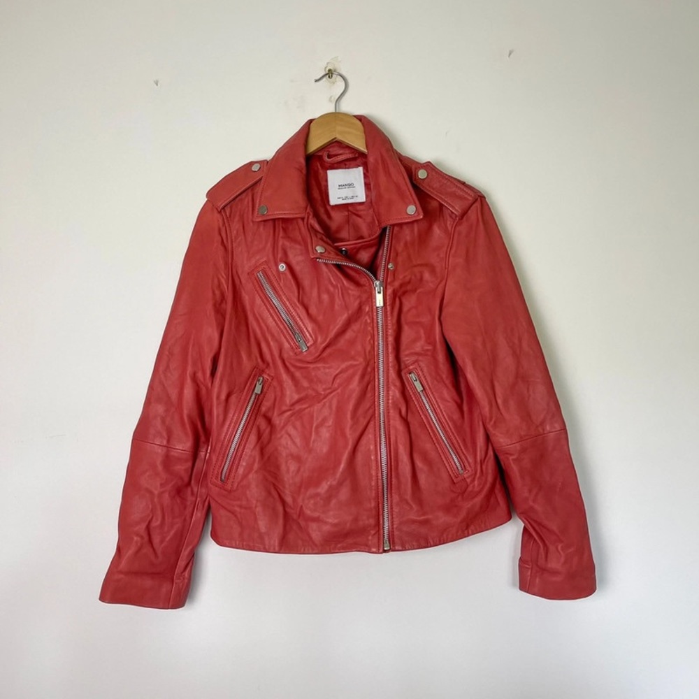 Mango MNG Dark Pink Salmon Genuine Leather Biker Jacket XL - Picture 3 of 5